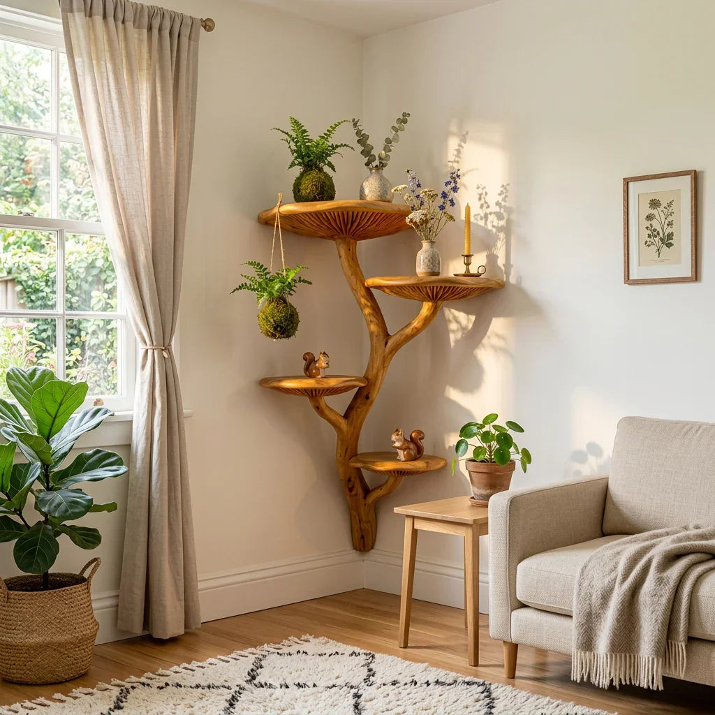 Branching Corner Mushroom Tree Wall Shelf with 4 Wide Fan Platforms and Hanging Hook - Handcrafted Solid Wood Corner-Mounted Floating Shelf with Front-Facing Gill C - Ashdeco 2026