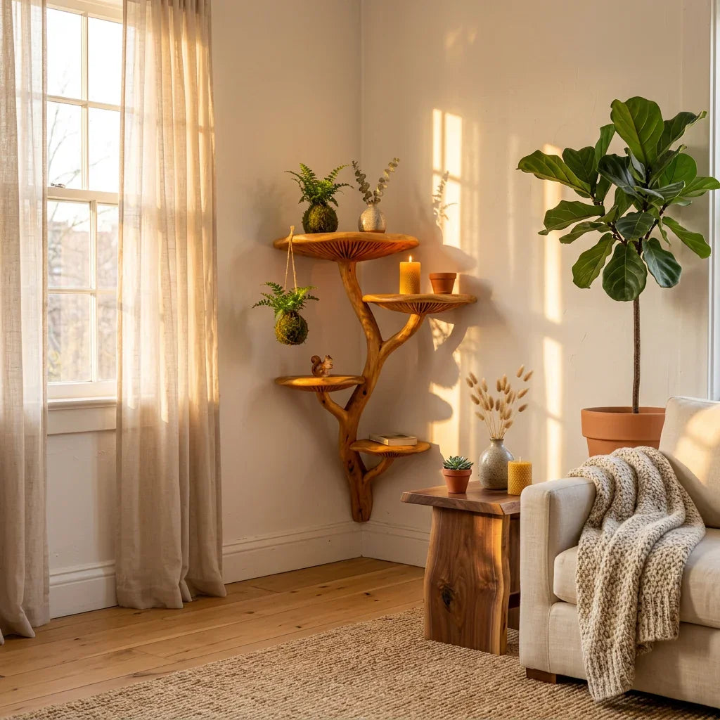 Branching Corner Mushroom Tree Wall Shelf with 4 Wide Fan Platforms and Hanging Hook - Handcrafted Solid Wood Corner-Mounted Floating Shelf with Front-Facing Gill C - Ashdeco 2026