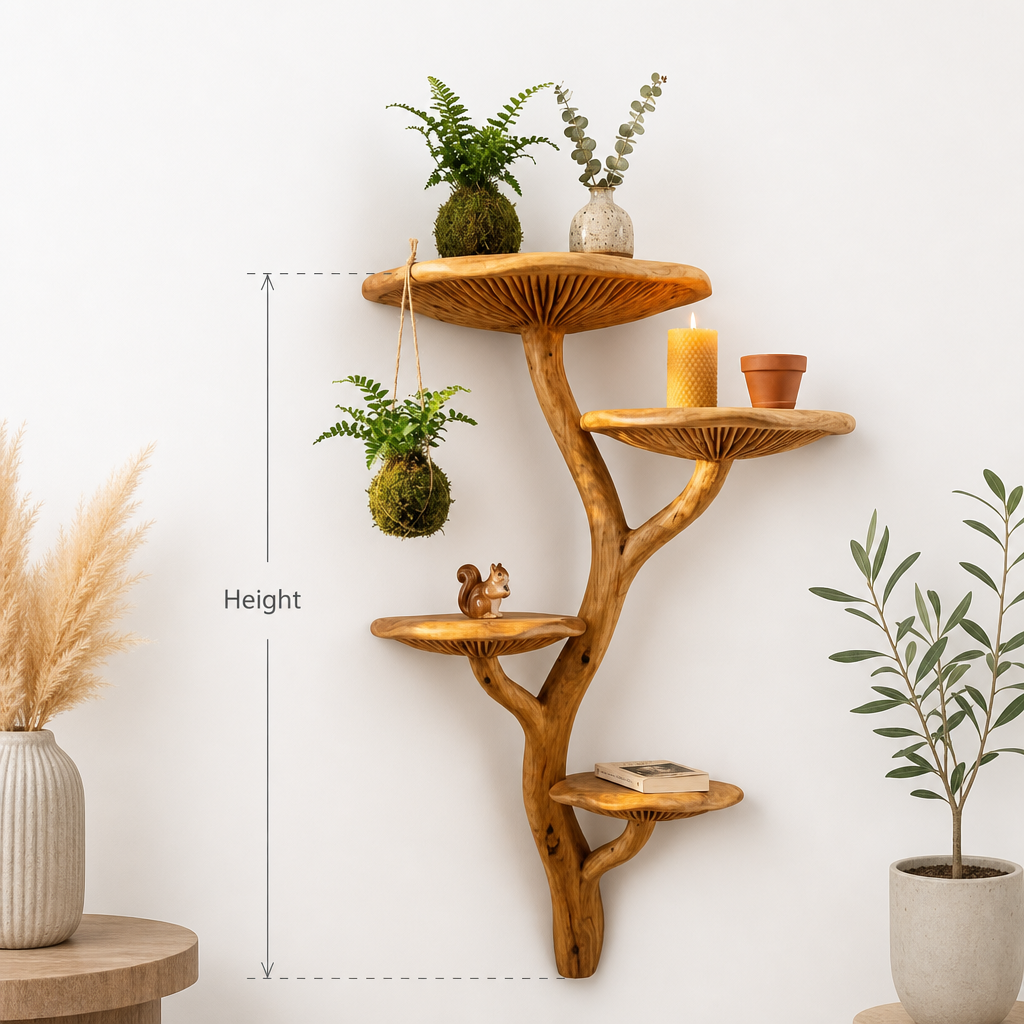 Branching Corner Mushroom Tree Wall Shelf with 4 Wide Fan Platforms and Hanging Hook - Handcrafted Solid Wood Corner-Mounted Floating Shelf with Front-Facing Gill C