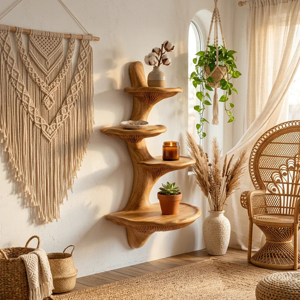 Cascading Mushroom Cap Wall Shelf - Handcrafted Solid Wood Floating Shelf - Ashdeco 2026