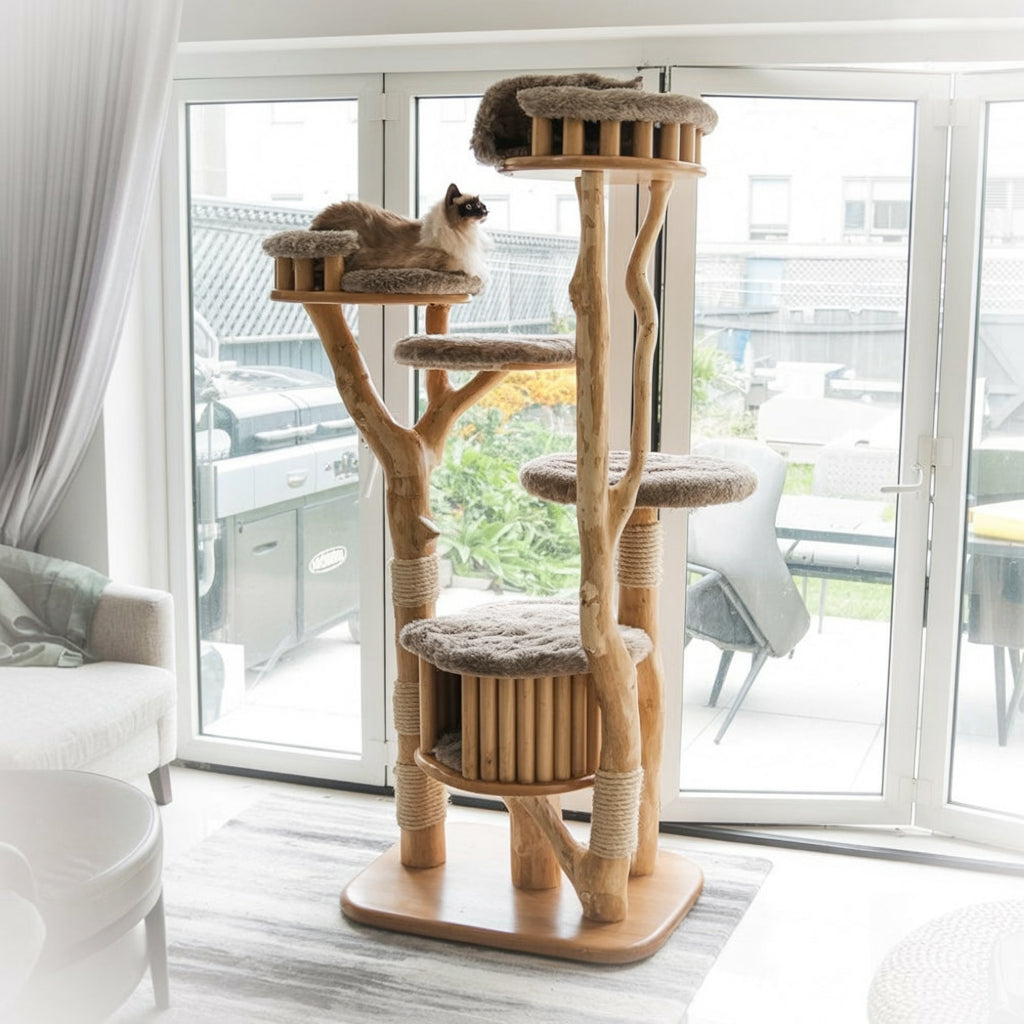 Siamese cat lounging on a multi-level wooden cat tree with plush platforms in a bright living room