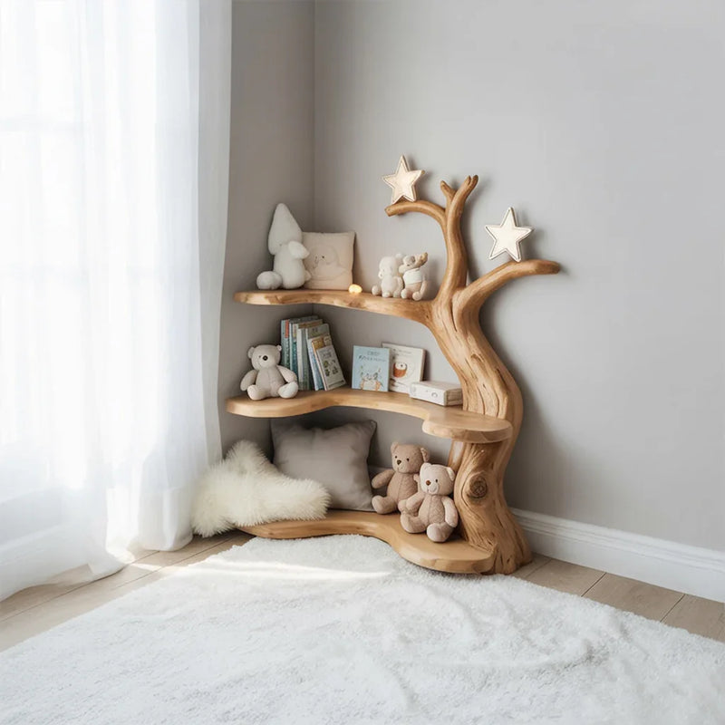 wooden tree-shaped corner shelf with stuffed animals, children's books, and soft pillow in bright nursery. Children's tree bookshelf in a kids room with colorful books and toys on handcrafted wood branches