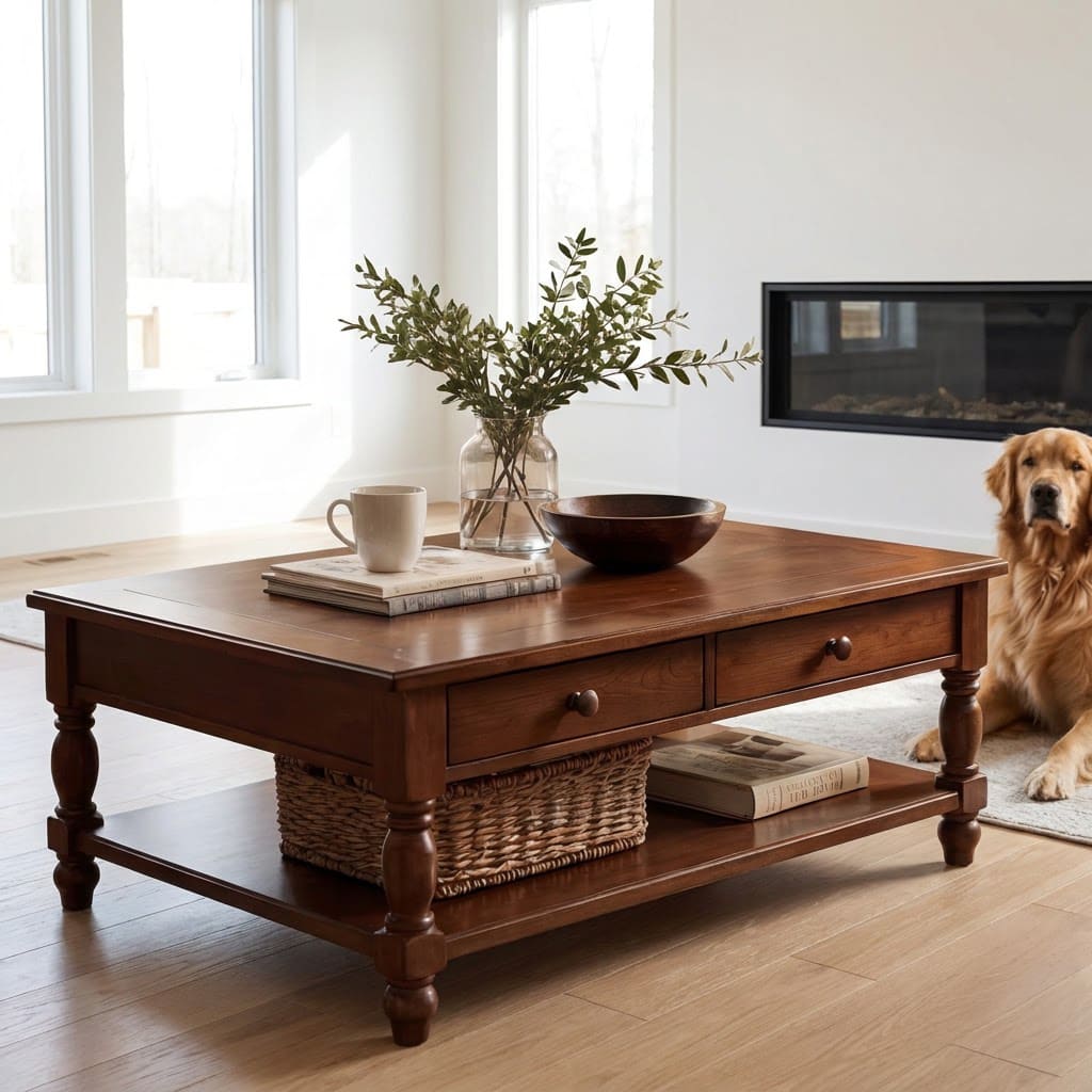 Classic coffee table with lower shelf in solid wood