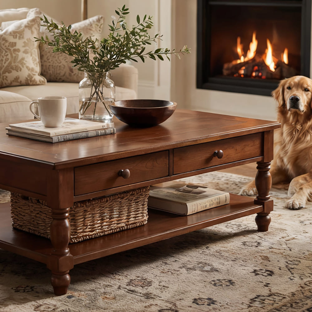 Coffee table with storage drawers in solid wood