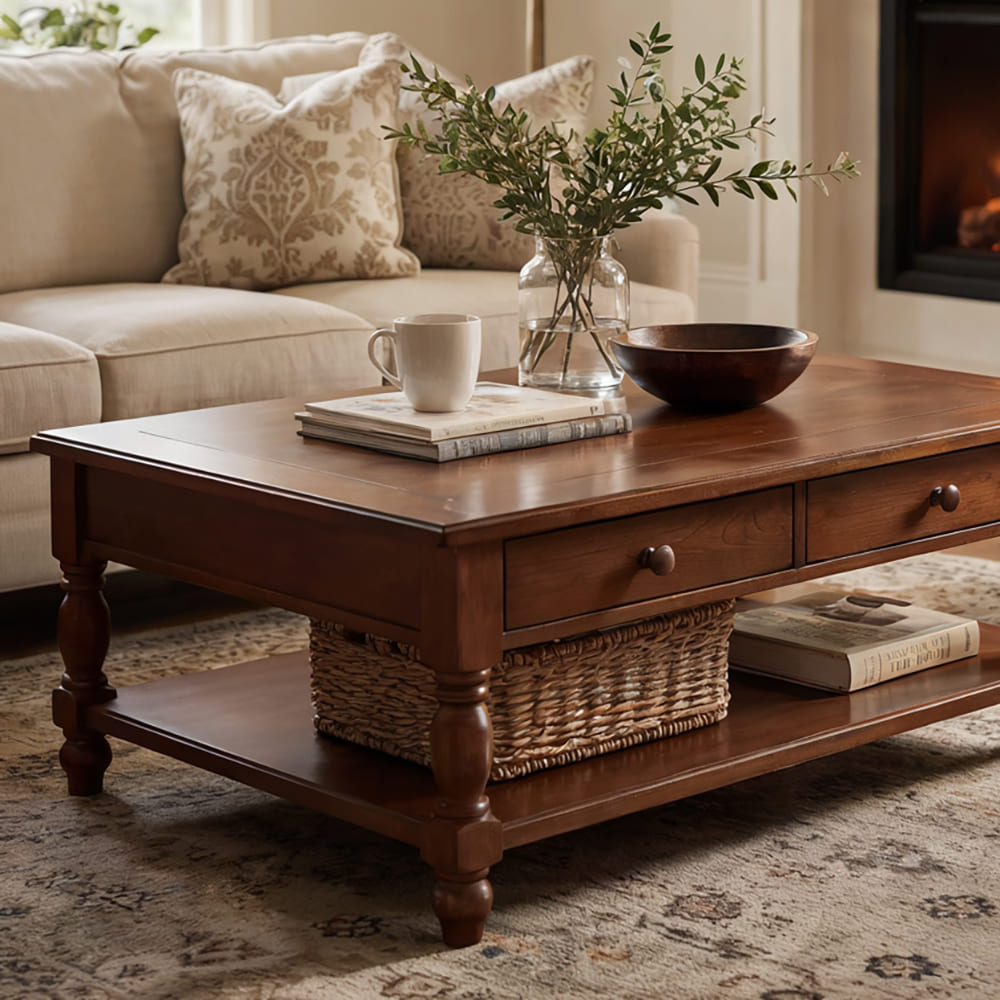 Coffee table with storage drawers in solid wood
