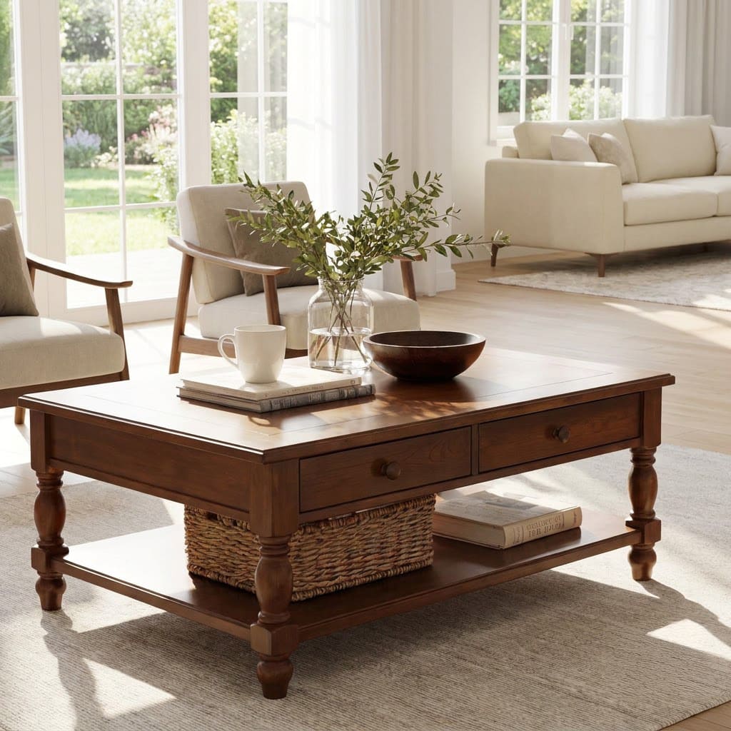 Traditional solid wood coffee table with a lower shelf styled in a contemporary living space