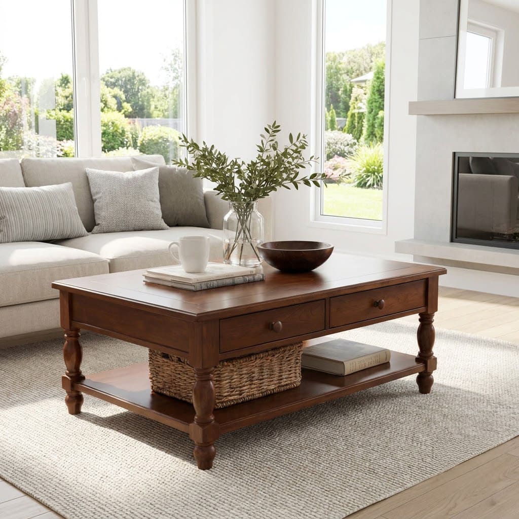 Elegant solid wood coffee table with storage enhancing a modern lounge area