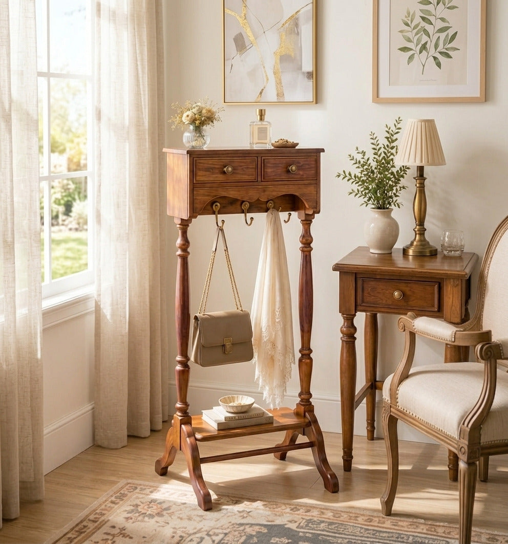 Traditional solid wood valet stand with storage drawers in a modern home