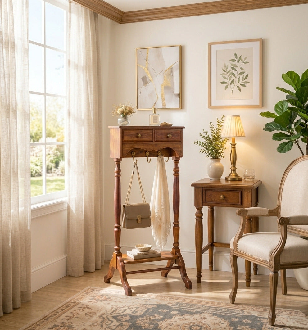 Classic wooden hall tree with storage drawers in a stylish home