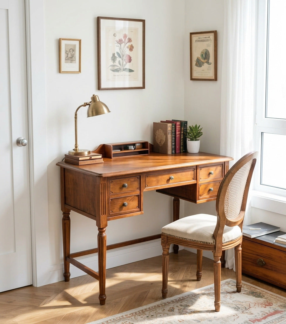 Classic solid wood writing desk with desktop hutch in a contemporary interior