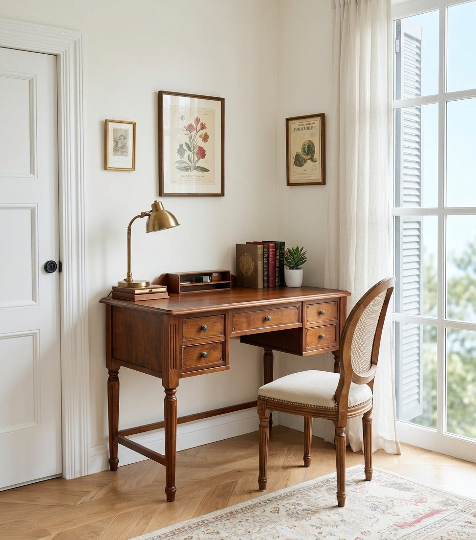 Traditional solid wood writing desk with multiple drawers in a modern home office
