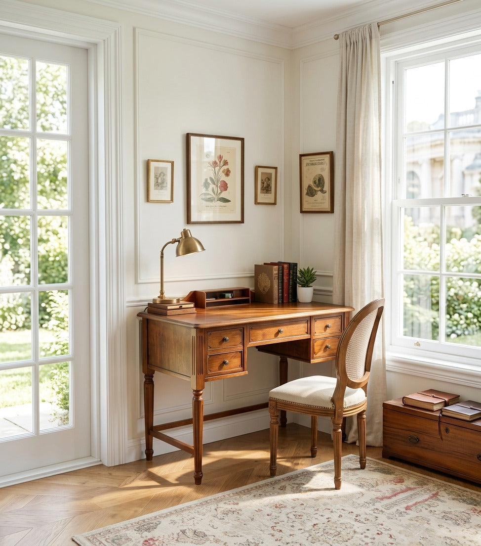 Timeless solid wood writing desk styled in a functional workspace