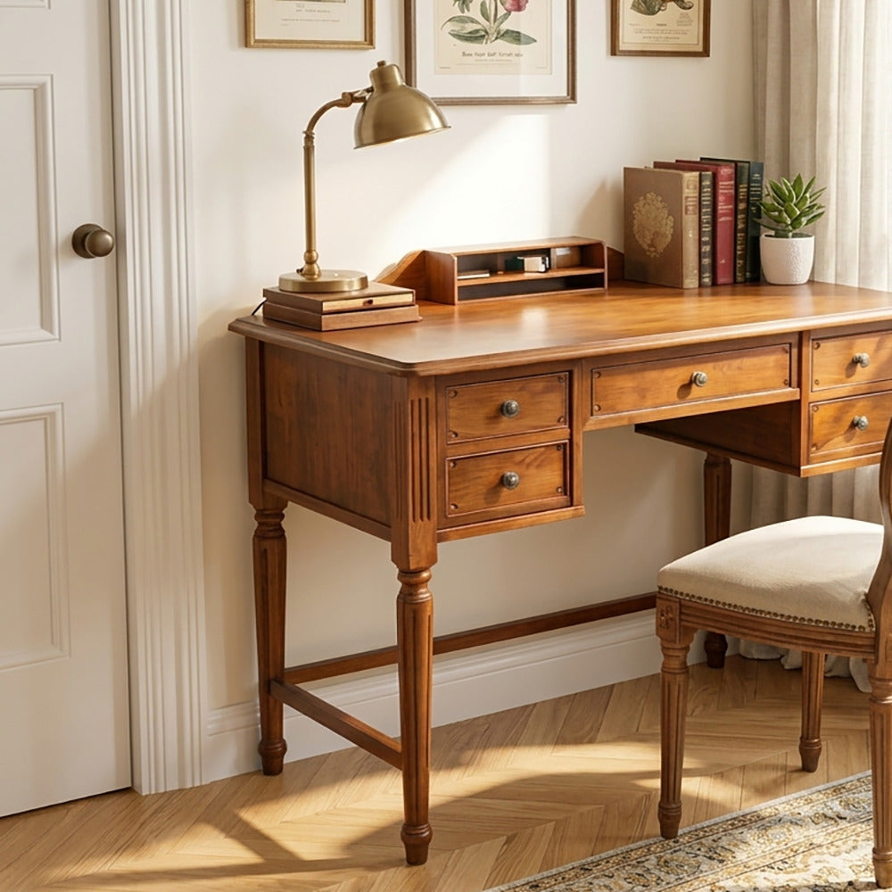 Traditional solid wood writing desk with multiple drawers