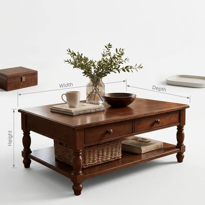 Classic Solid Wood Coffee Table with Storage Drawers & Lower Shelf
