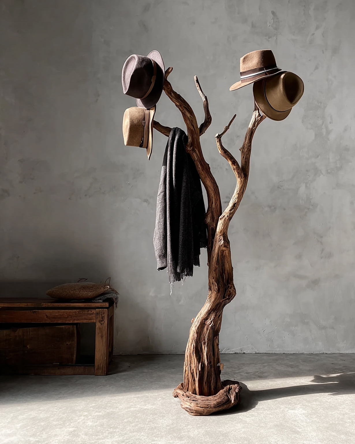 Rustic wooden coat rack shaped like a tree with hats and a black scarf in a minimalist room