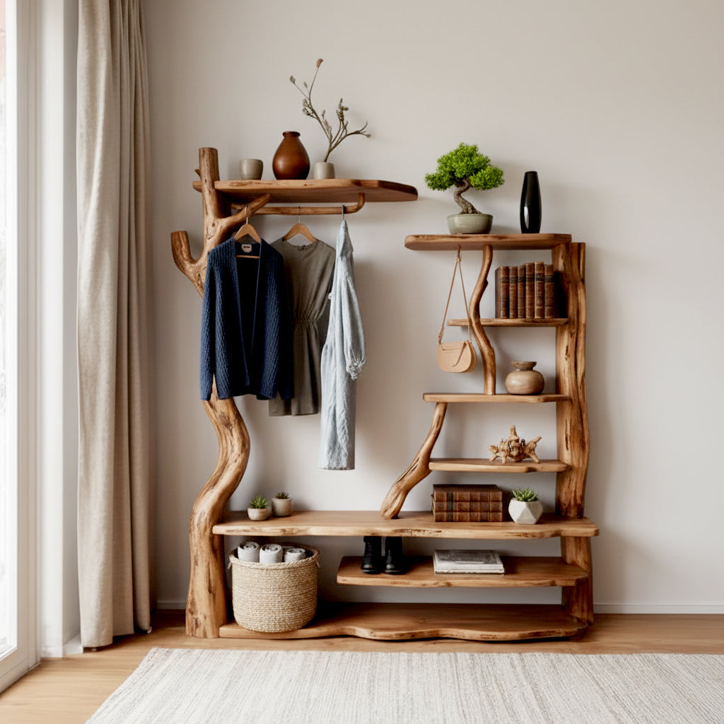 Live edge solid wood coat rack and bookshelf with hanging clothes, plants, and decor