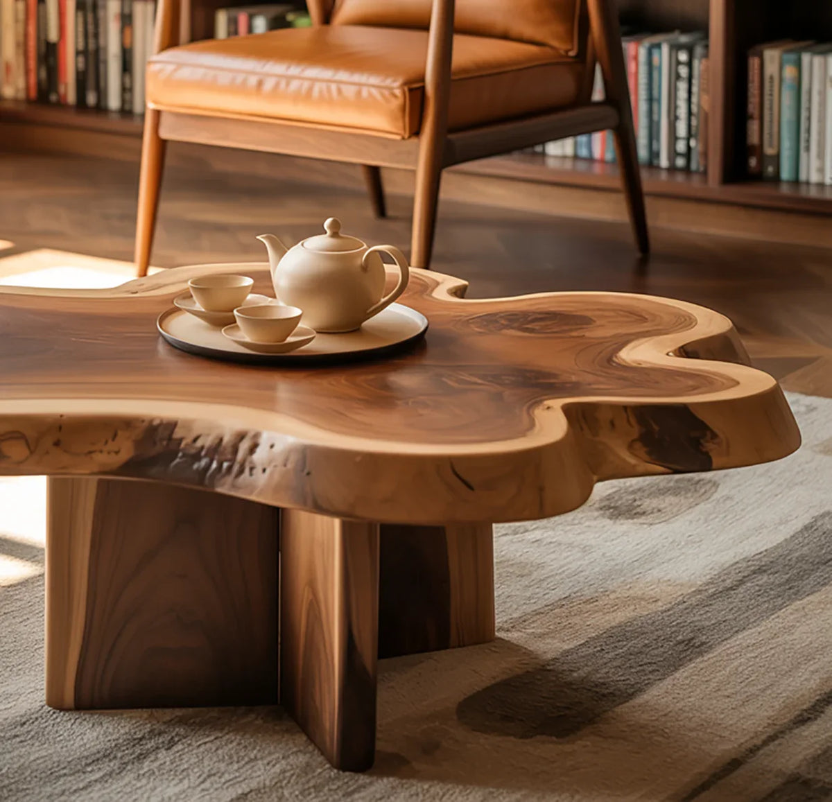 handmade reclaimed wood coffee table with natural live edge in rustic modern living room