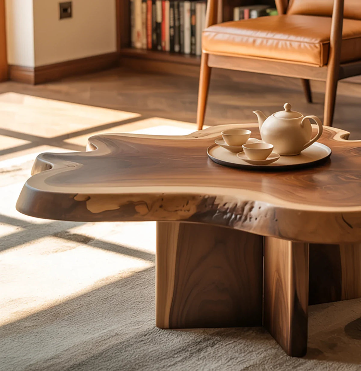 handmade reclaimed wood coffee table with natural live edge in rustic modern living room