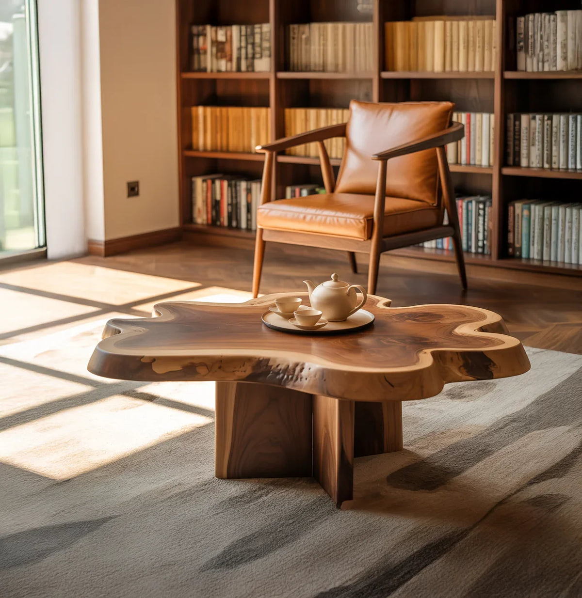 handmade reclaimed wood coffee table with natural live edge in rustic modern living room