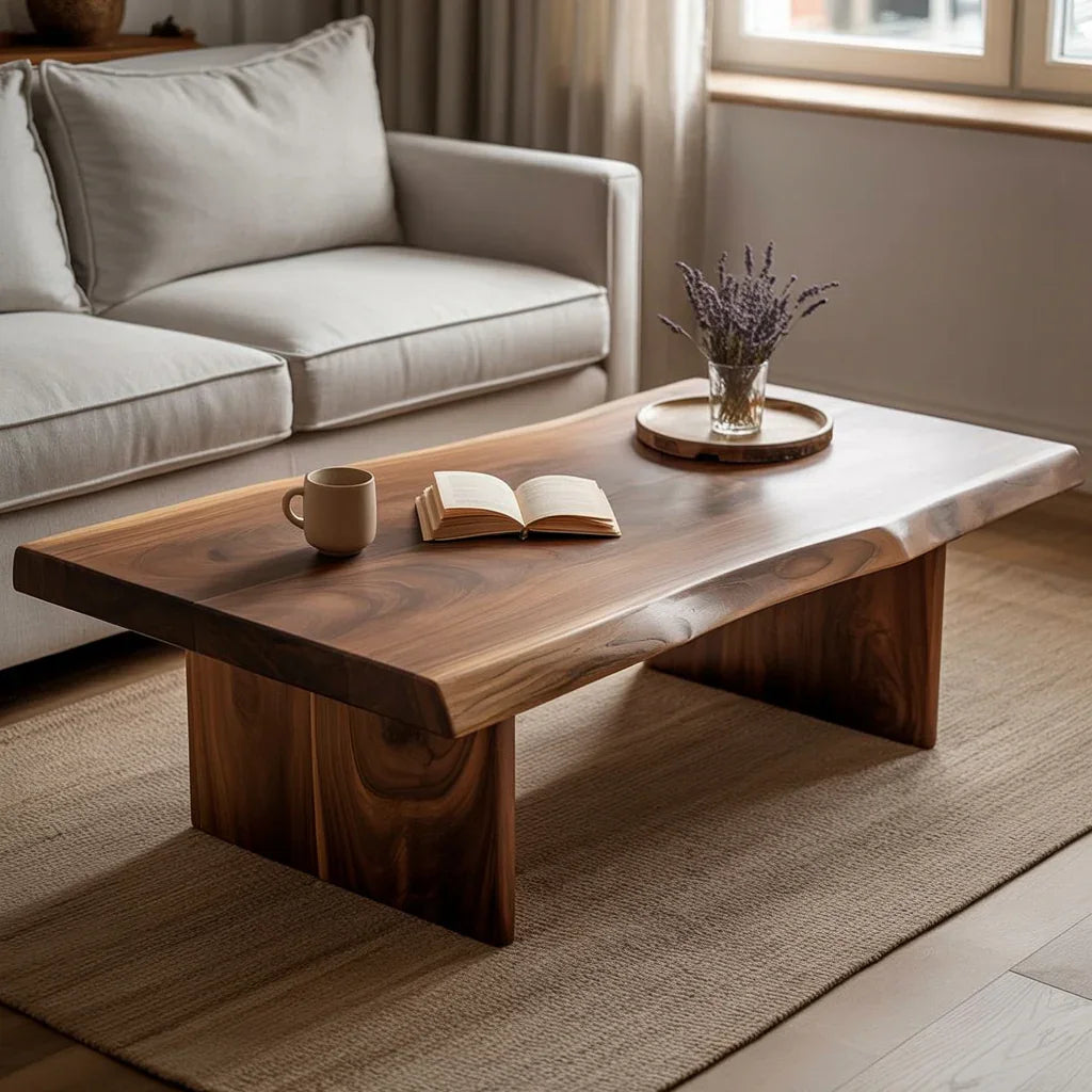 Solid wood live edge coffee table in modern living room with mug, book, and vase on top