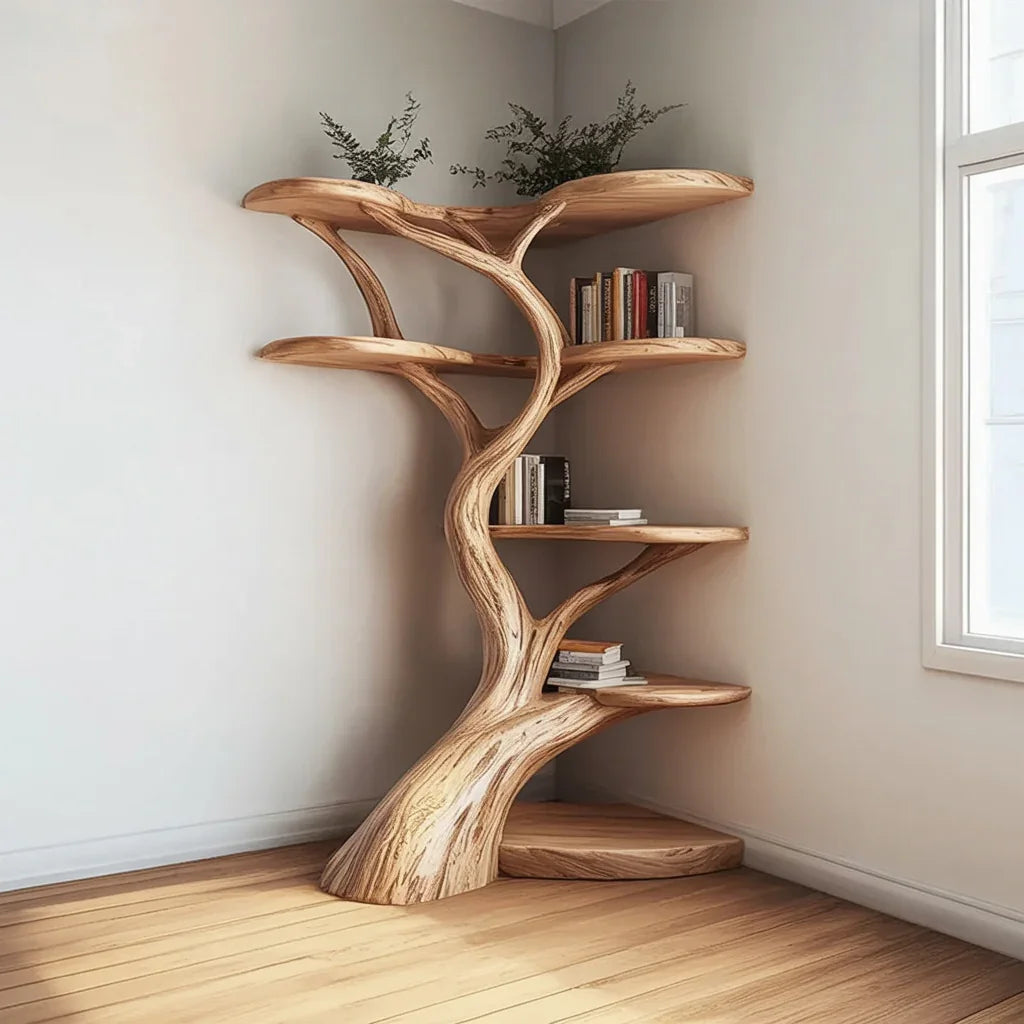 Tree-shaped solid wood bookshelf with books and plants in a modern corner room, Comparison of corner tree bookshelf vs regular bookshelf vs floating shelves in a living room