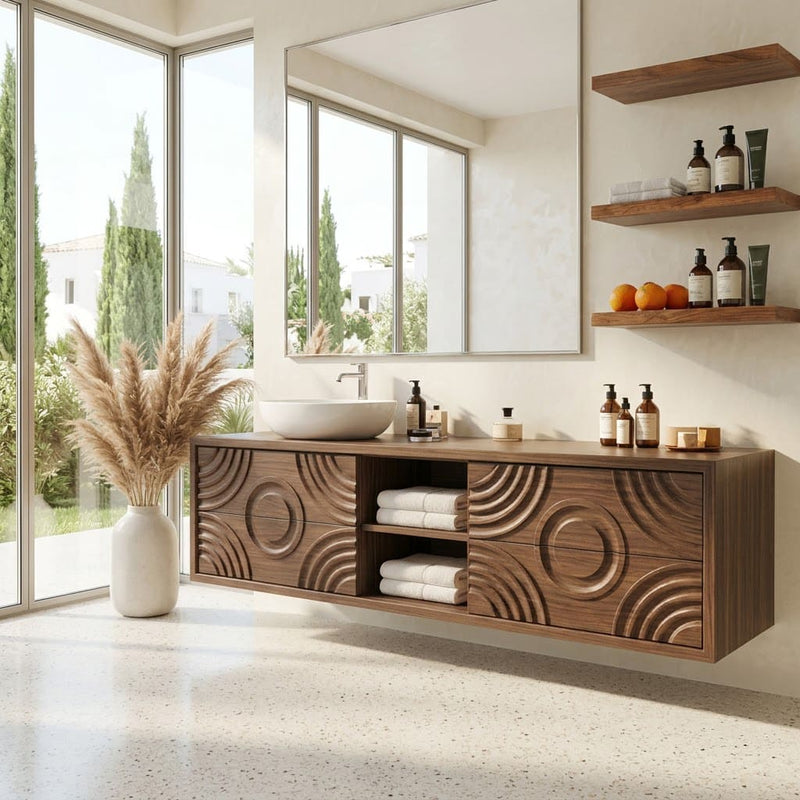 Sculptural hand-carved bathroom vanity crafted from solid wood with concentric circle detailing