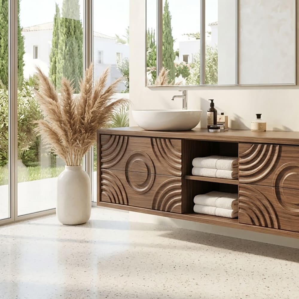 Hand-carved solid wood floating bathroom vanity with a concentric circle design