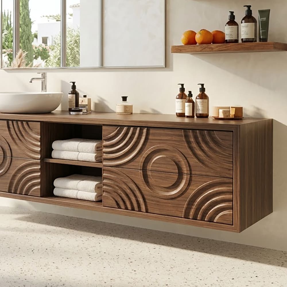 Sculptural solid wood floating vanity featuring intricate hand-carved circular patterns