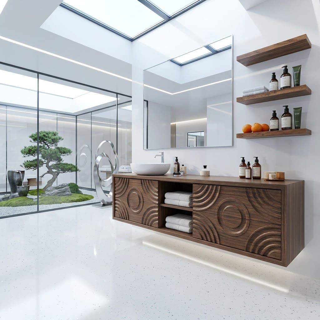 Sculptural hand-carved solid wood floating bathroom vanity with concentric circle detailing for modern bathrooms