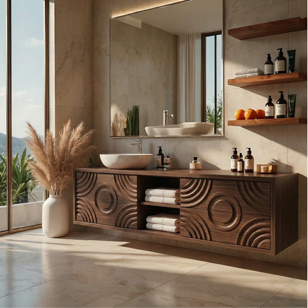 Hand-carved solid wood floating vanity with concentric circular patterns for contemporary bathroom interiors