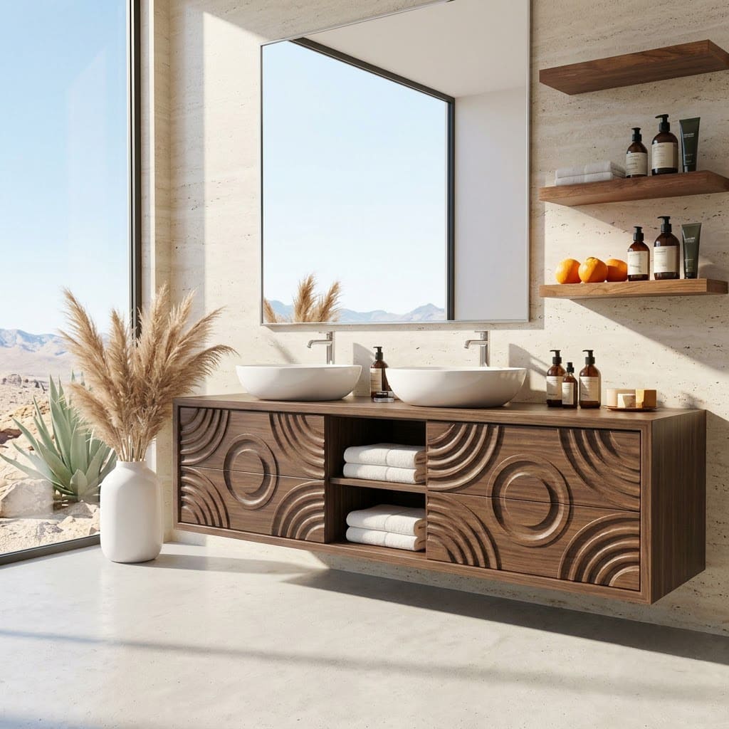 Sculptural solid wood bathroom vanity with intricate hand-carved circle details for stylish modern spaces