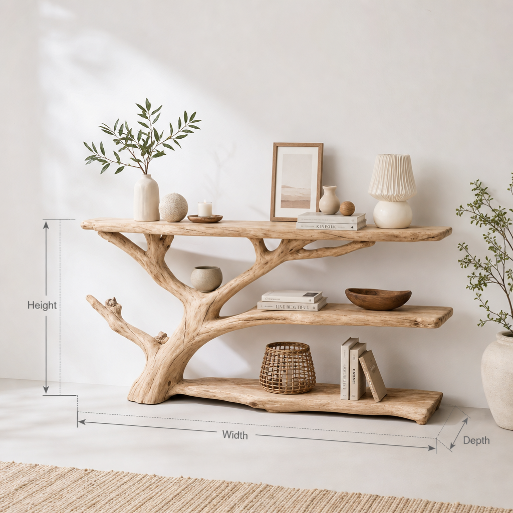 Console Narrow Table with Tree Branch Bookshelf – Rustic Live Edge Wood