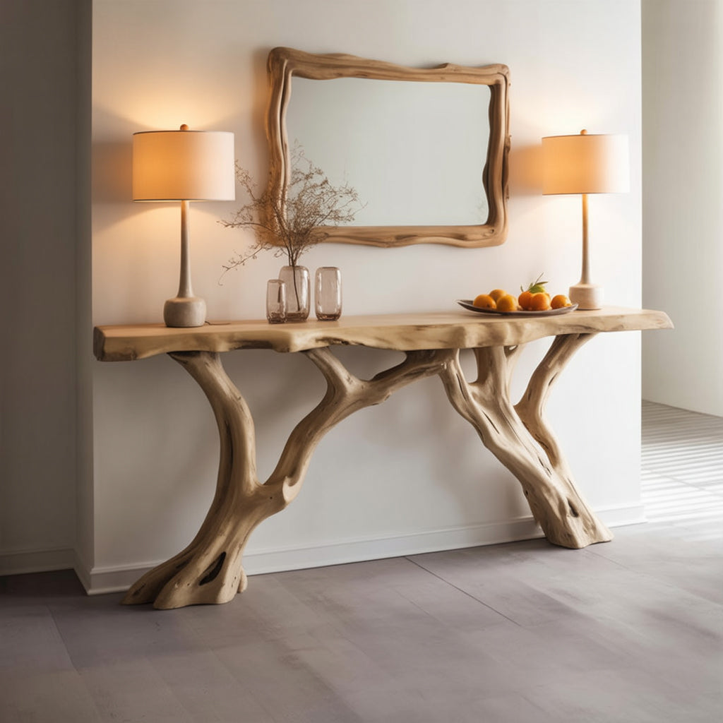 Live edge solid wood console table with natural branch legs, lamps, and decor in modern room