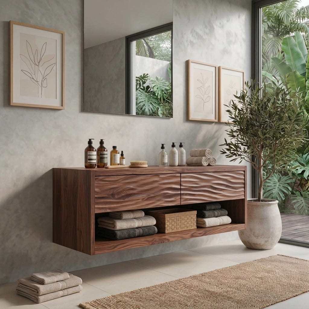Contemporary floating bathroom vanity crafted from premium solid wood with carved front panels