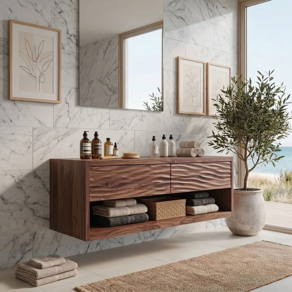 Contemporary solid wood vanity displayed beneath a round mirror in a modern bathroom
