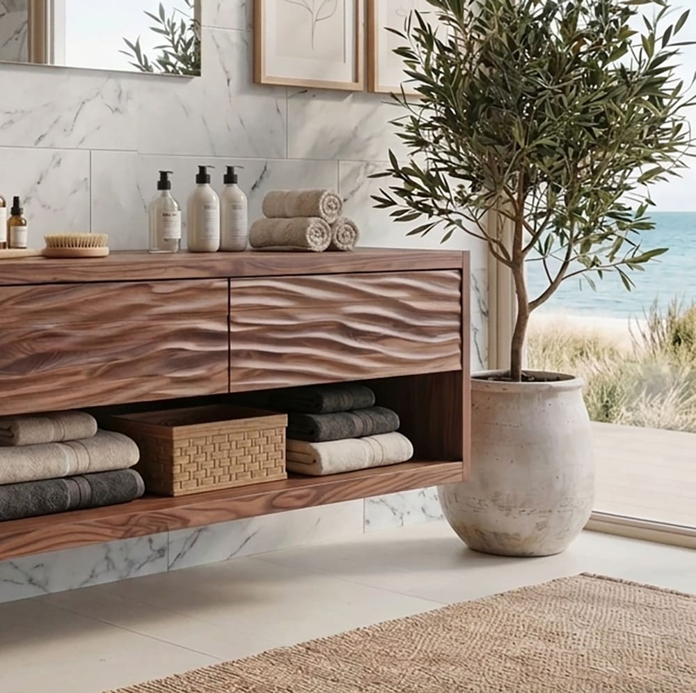 Solid wood floating vanity featuring sculpted carved drawer fronts and modern wall-mounted design