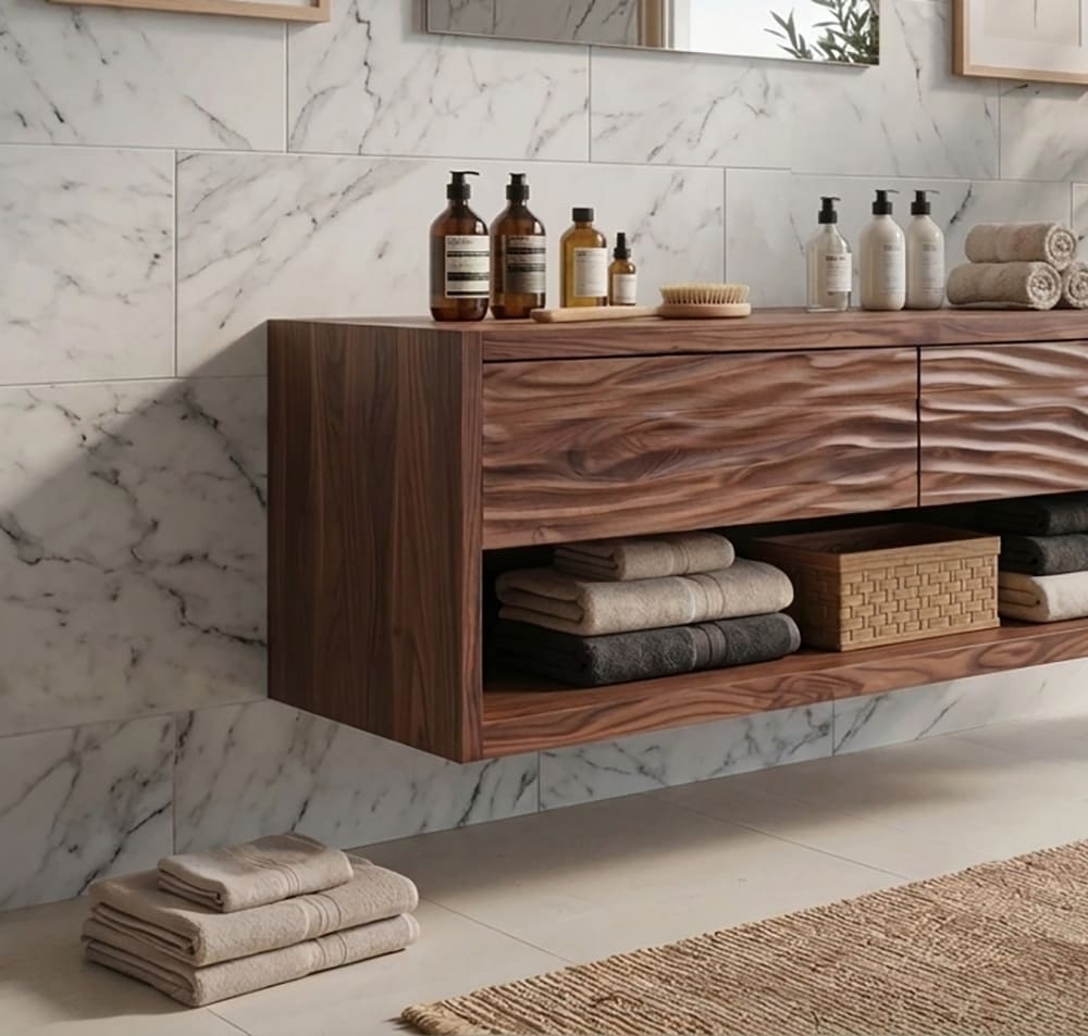Solid wood floating vanity featuring sculpted carved drawer fronts and modern wall-mounted design