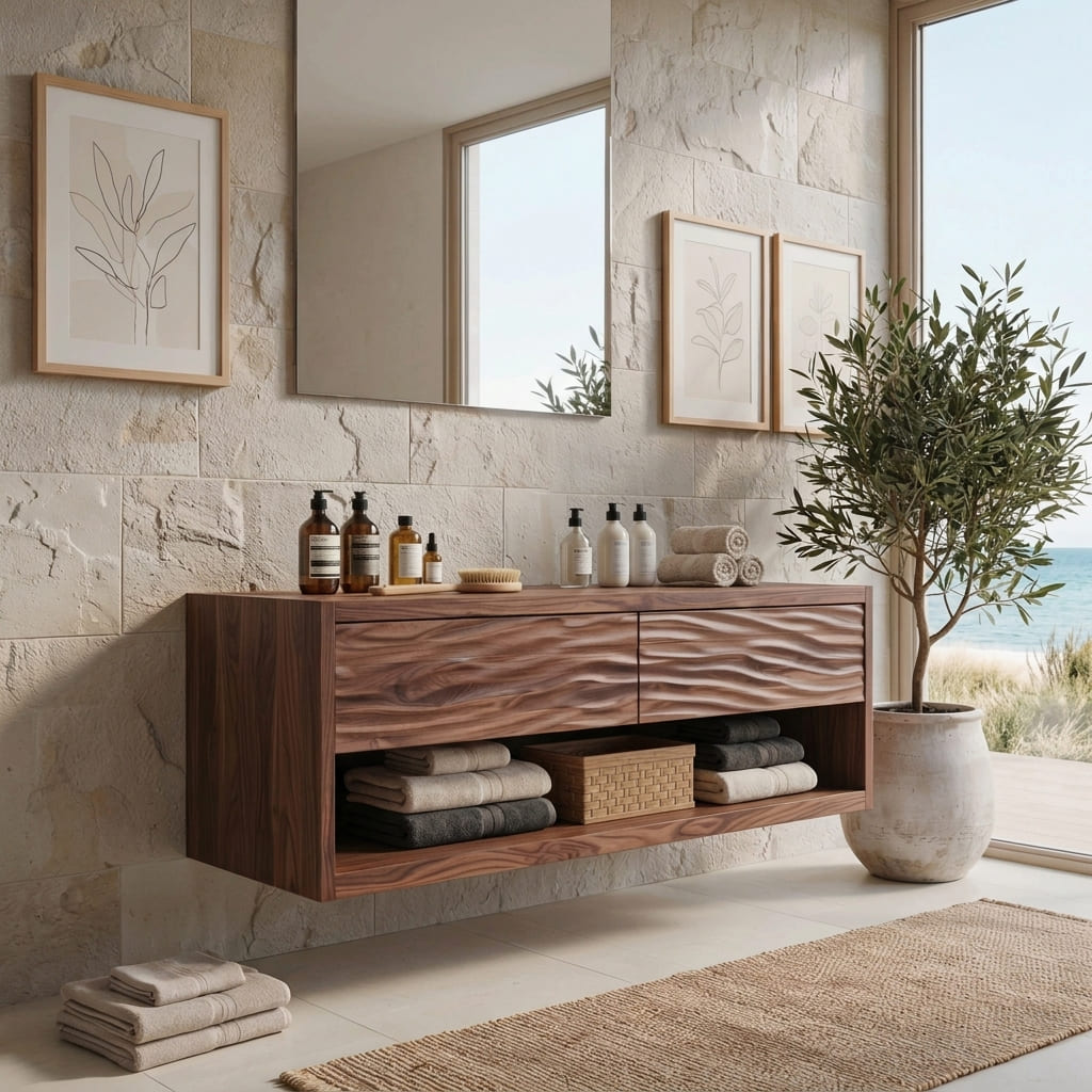 Floating bathroom vanity styled in a luxury spa-inspired bathroom interior