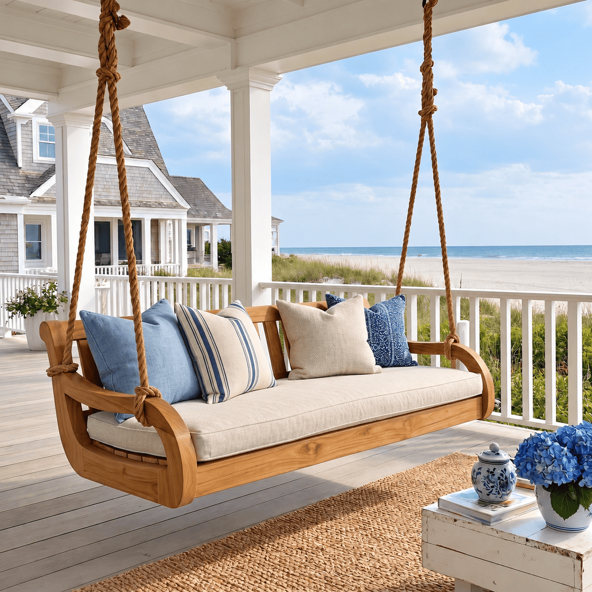 A wooden hanging porch swing with a cream cushion and blue striped and solid pillows, set on a beach house porch with a view of the ocean and dunes.
