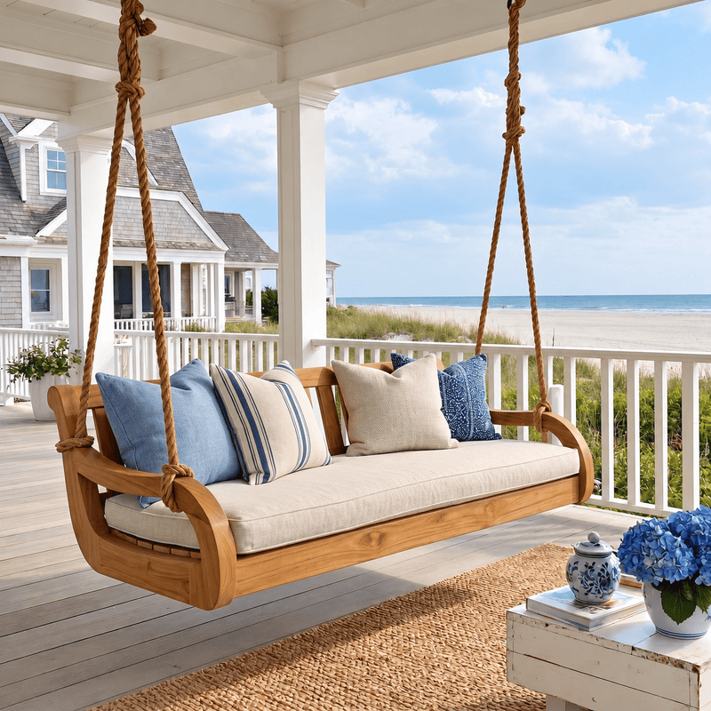 A wooden hanging porch swing with a cream cushion and blue striped and solid pillows, set on a beach house porch with a view of the ocean and dunes.