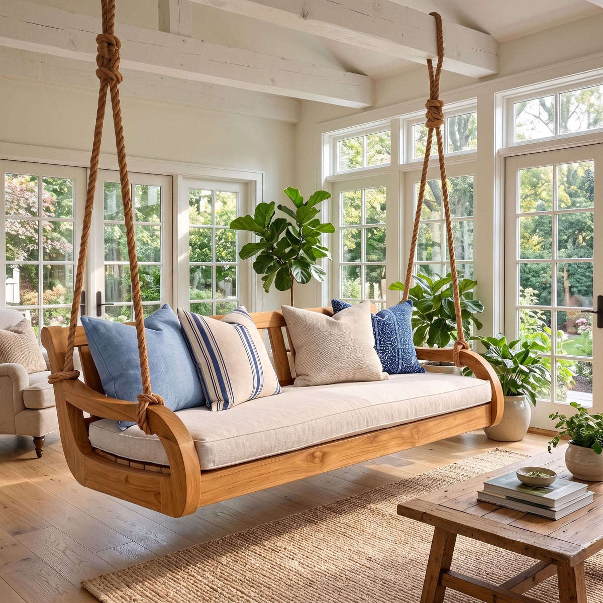 A wooden hanging porch swing with a cream cushion and blue striped pillows, suspended by thick rope in a bright, sunlit room with large windows and plants.