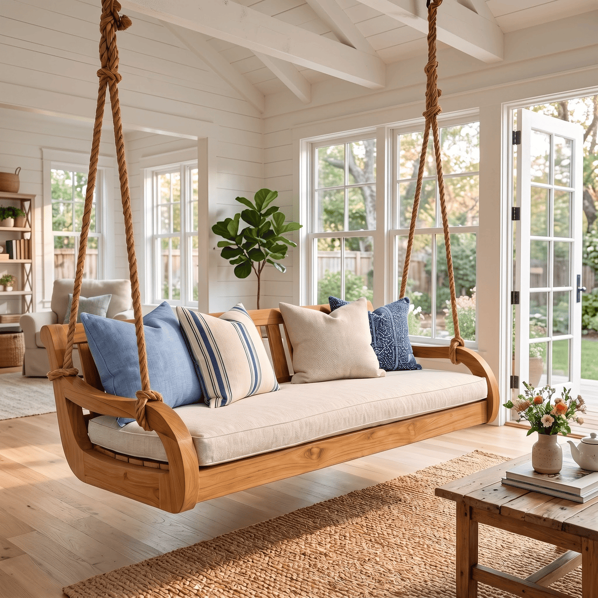 A wooden hanging porch swing daybed with a cream cushion and blue striped pillows, suspended by thick ropes in a bright, white-shiplap living room.
