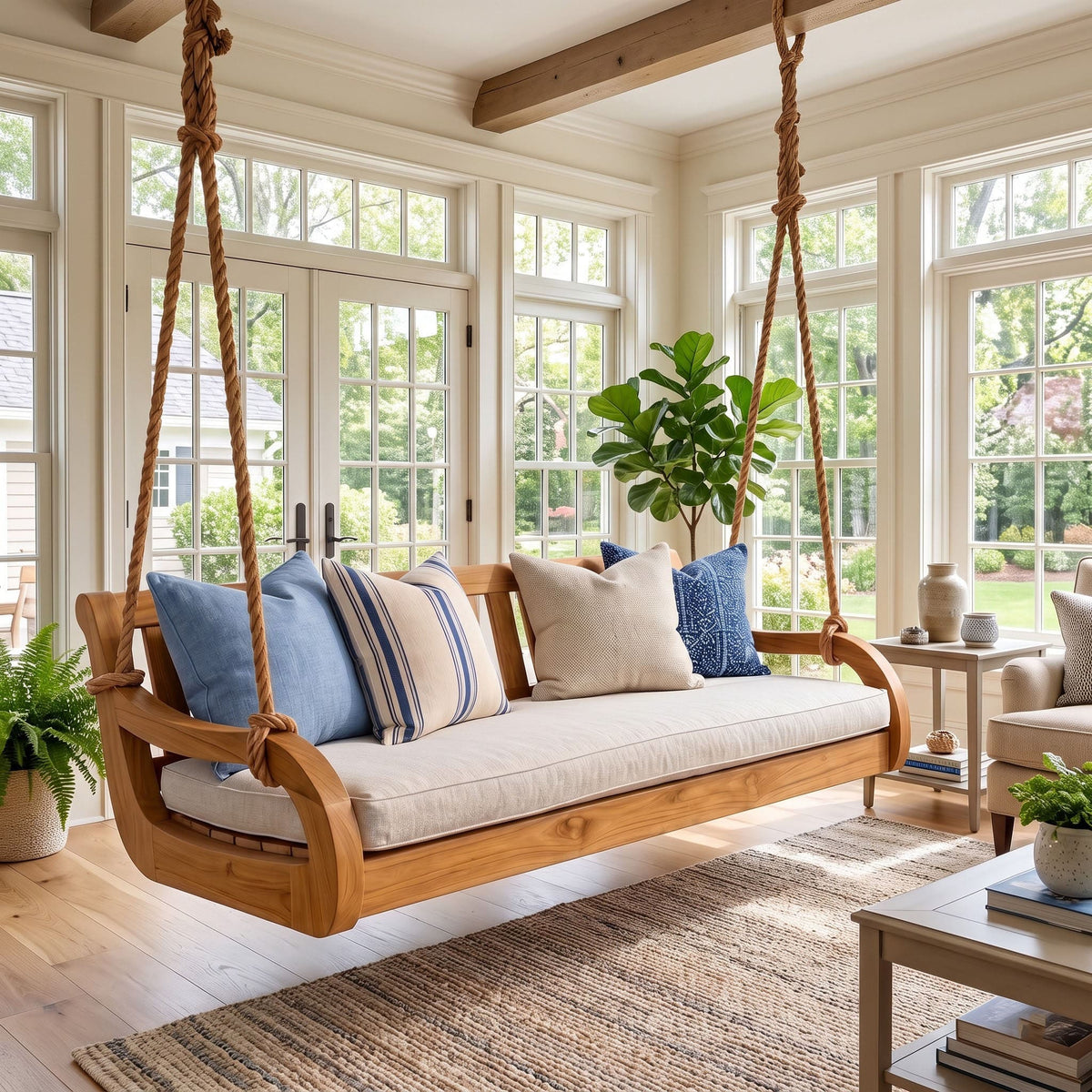 A wooden hanging porch swing daybed with a cream cushion and blue, beige, and navy pillows, suspended by thick rope in a bright, sunlit room with large windows and plants.