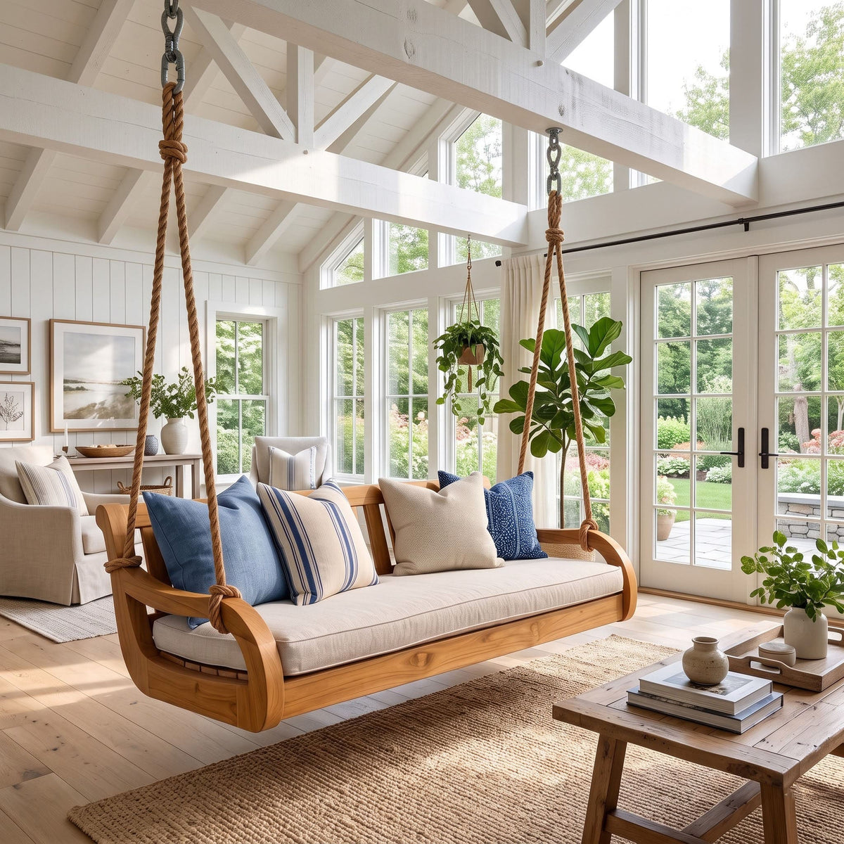 A wooden hanging porch swing with a cream cushion and blue striped pillows, suspended in a bright, sunlit cottage-style room with white beams, large windows, and plants.