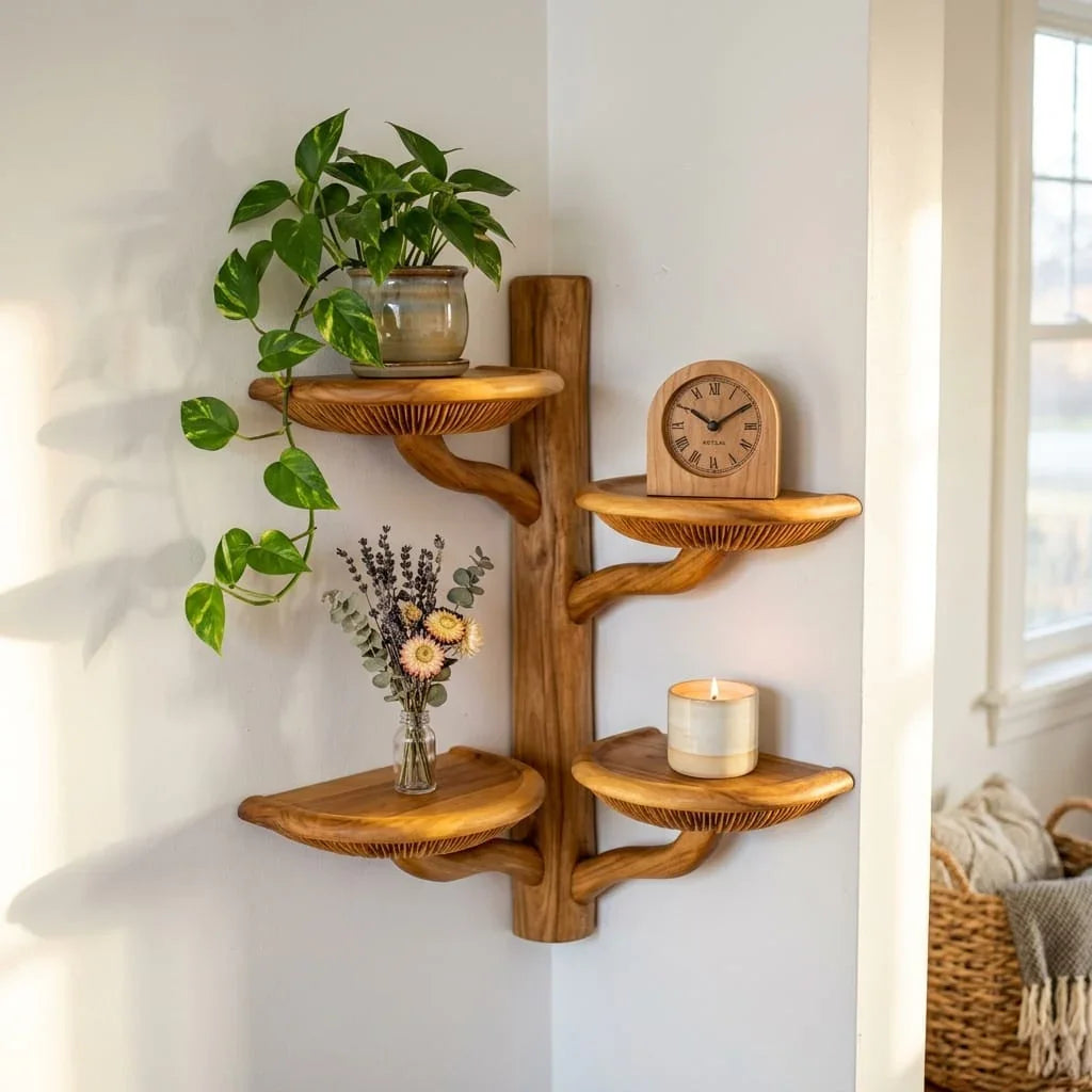 Corner Mushroom Tree Wall Shelf with 4 Wide Bracket Cap Shelves - Handcrafted Solid Wood Corner-Mounted Floating Shelf with Prominent Gill Carving and Branch Trunk
