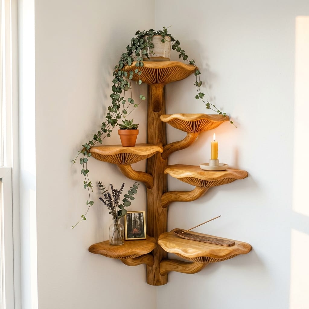 Mushroom Tree Corner Shelf Floor to Ceiling, Handcrafted Solid Wood Vertical Bookshelf with Spiral Mushroom Cap Shelves for Living Room, Bedroom, Reading Nook - Ashdeco 2026