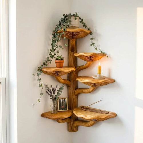 Mushroom Tree Corner Shelf Floor to Ceiling, Handcrafted Solid Wood Vertical Bookshelf with Spiral Mushroom Cap Shelves for Living Room, Bedroom, Reading Nook