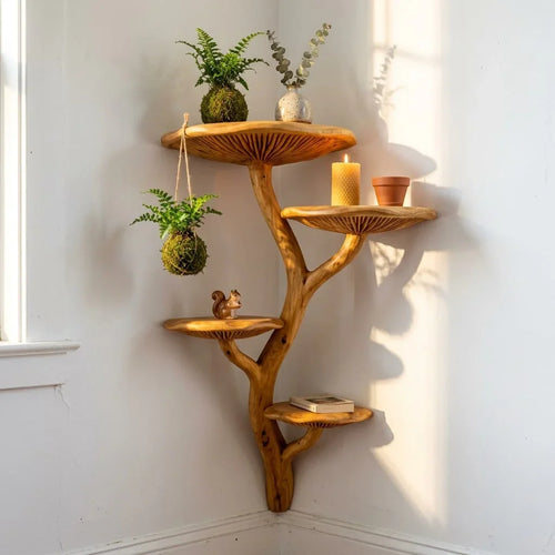 Branching Corner Mushroom Tree Wall Shelf with 4 Wide Fan Platforms and Hanging Hook - Handcrafted Solid Wood Corner-Mounted Floating Shelf with Front-Facing Gill C