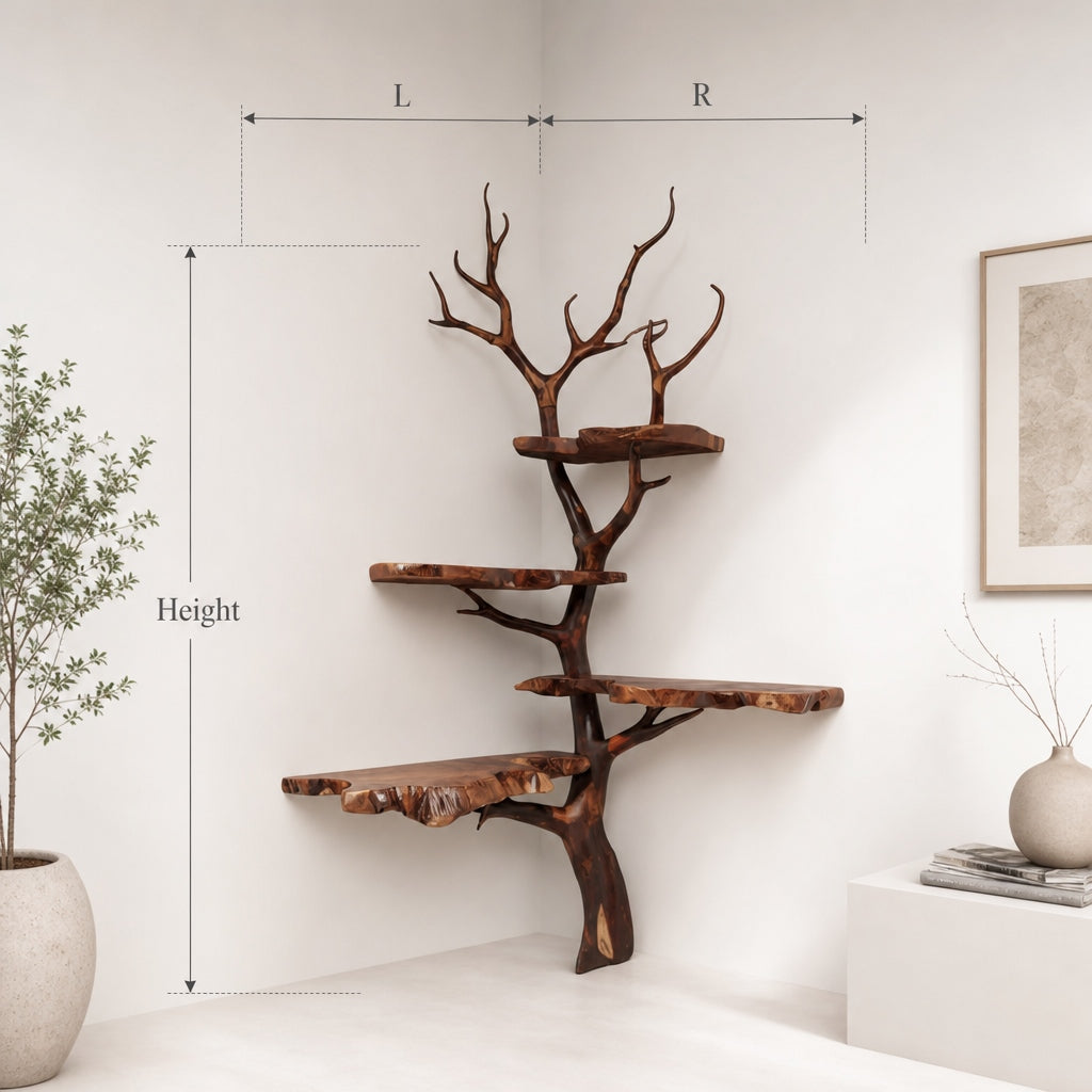 Corner Live Edge Shelf – Driftwood Tree Branch Floating Bookshelf