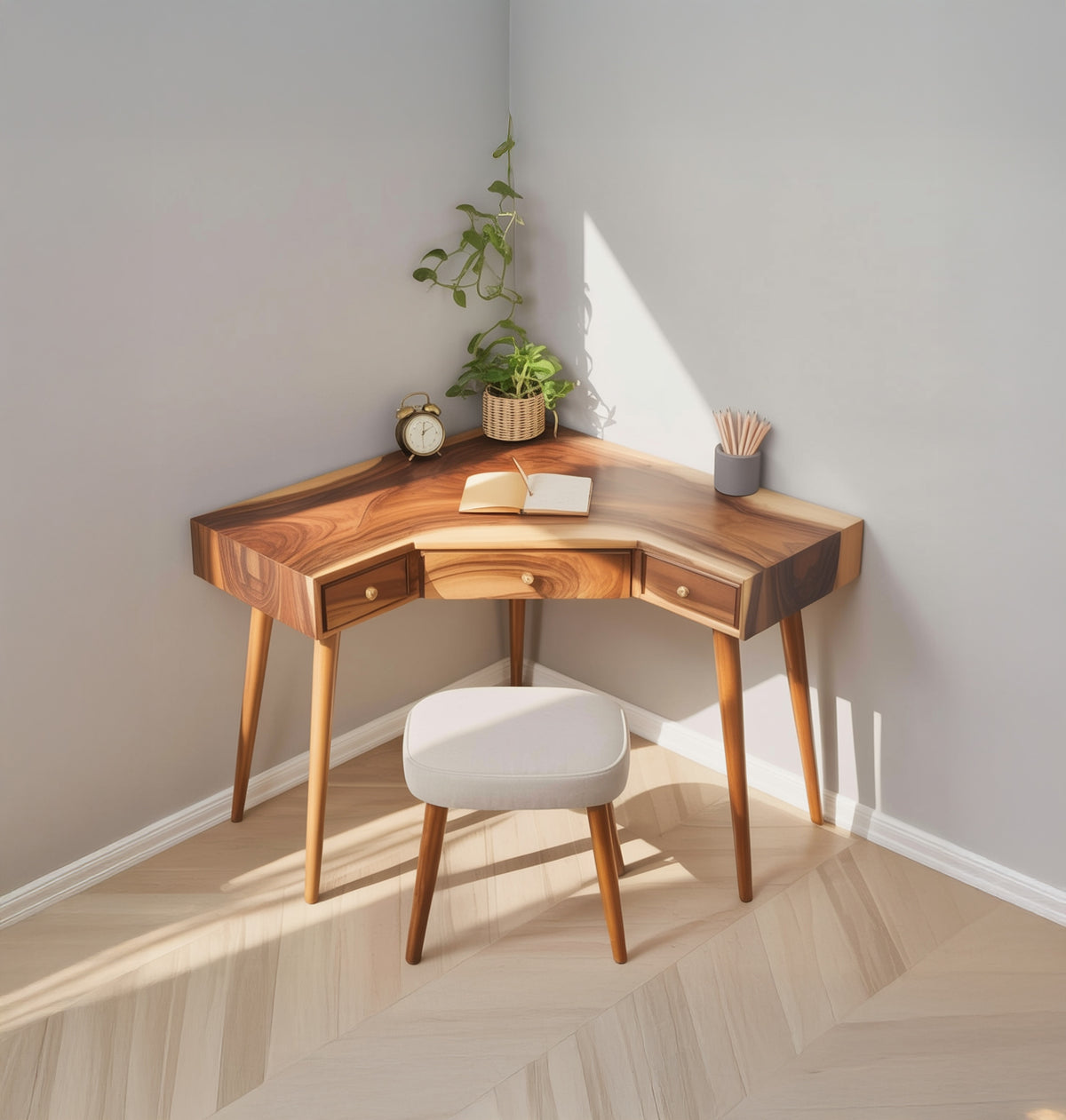 Corner live edge solid wood desk with organic modern design